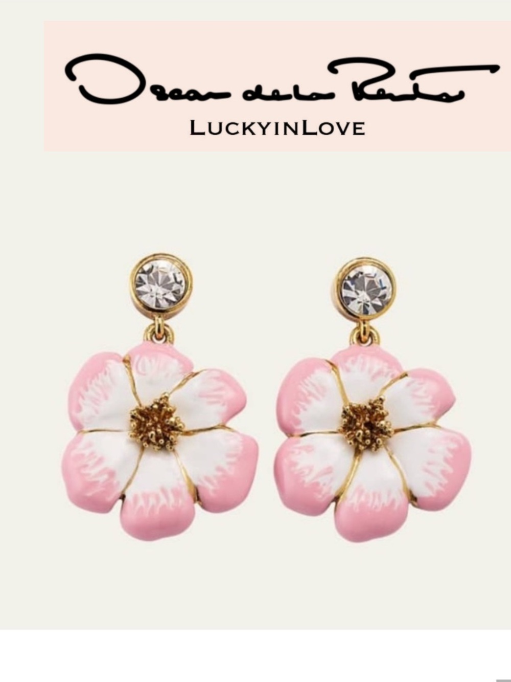 OSCAR DE LA RENTA Crystal Pink White Enamel Flower Drop Earrings